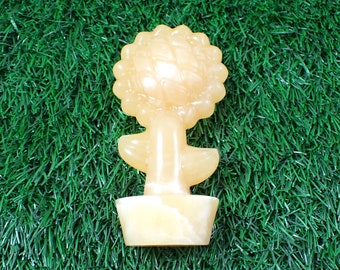 Large Orange Calcite Crystal Sunflower Carving - Tall Standing Potted Sunflower - 4.5 Inches Textured Sunflower Crystal Carving #FLWRS#1007