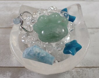 Libra Crystal Bowl Set - All Pieces Included - Cat Shaped Clear Quartz Crystal Bowl - Green Aventurine Paw - Aquamarine - Blue Apatite Minis