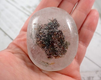 Pretty Garden Quartz Crystal Palm Stone - Smooth Textured Garden Quartz Gallet - 2 Inch Cloudy Green Red Oval Palmstone Crystal #PALMS#1200