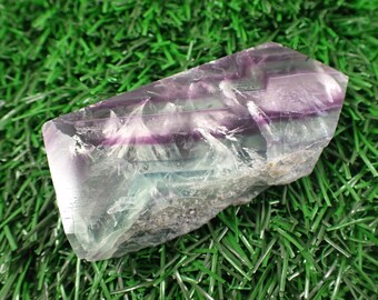 Glassy Rough Natural Fluorite Crystal Tower - Purple Green Clear Crystal - 2.75 Inches Striped Rough Edge Fluorite Crystal Tower #TOWER#1247