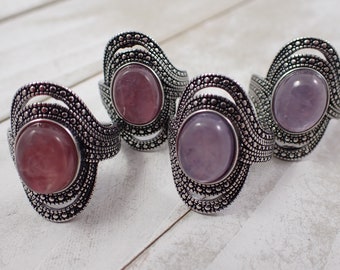 1 Piece Adjustable Natural Purple Mica Crystal Ring - Large Smooth Flashy Purple Ring - Silver Metal Lepidolite Adjustable Ring #RINGS#1074