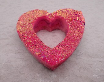 Large Open Heart Titanium Aura Quartz Heart Crystal - Heart Shaped Cluster - Textured Heart Crystal - Bright Pink Crystal Heart #HEART#1099