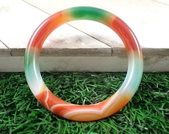 58.9mm Bright Agate Crystal Bangle Bracelet - Orange Green Banded Crystal Bracelet - Round Inside Dyed Agate - Smooth Bangle #JEWEL#1132