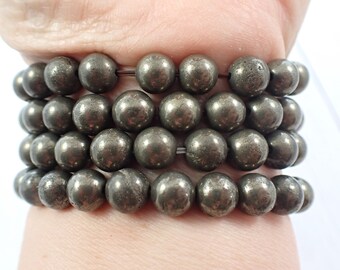 One Dark Gold Pyrite Crystal Bead Bracelet - 8mm Smooth Round Beads - Dark Gold Shiny Beads - Natural Pyrite Crystal Bracelet - #BRCLT#1079