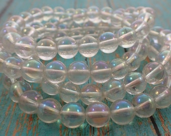 One Aura Clear Quartz Beaded Bracelet - 8mm Smooth Round Beads - Clear Aura Crystal Quartz - Rainbow Finish Quartz Crystal Beads #BRCLT#1085
