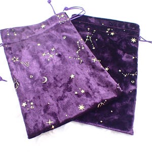 Hübscher Lila Gold Velour Stoff Kristall Beutel - Royal Purple Gold Tasche - Gold Sterne Planeten Lila Tarot Karten Tasche 18x13 cm #POUCH #1060