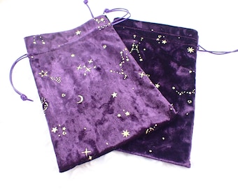 Pretty Purple Gold Velour Fabric Crystal Pouch - Royal Purple Gold Bag - Gold Stars Planets Purple Tarot Card Bag 7x5 Inches #POUCH#1060