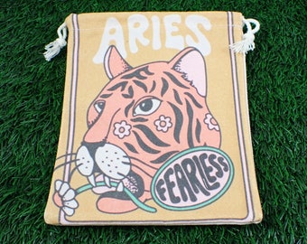 1 Piece Aries Tiger Linen Fabric Crystal Pouch - Gold Orange Pink White Green - Aries Zodiac Tarot Card Bag - 6.5x5.75 Inches Bag POUCH#1035