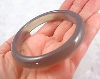 58.6mm Natural Gray Agate Crystal Bangle Bracelet - Smooth Flat Inside Crystal Bracelet - Part Translucent Gray Agate Bangle #JEWEL#1543