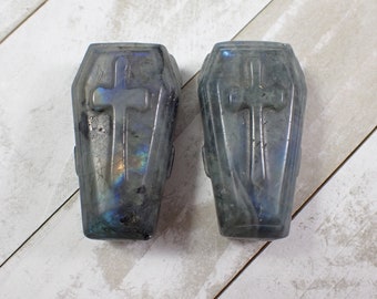 Labradorite Coffin with Large Cross - Blue Gray Flashy Labradorite - Crystal Coffin Carving - 2 Inch Small Polished Coffin Decor #CRVNG#1742