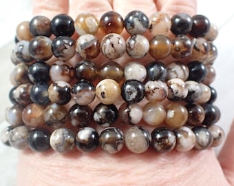 One Natural Black Flower Agate Crystal Bead Bracelet - 8mm Smooth Round Beads - Shiny Black Pink - Natural Crystal Bracelet #BRCLT#1128