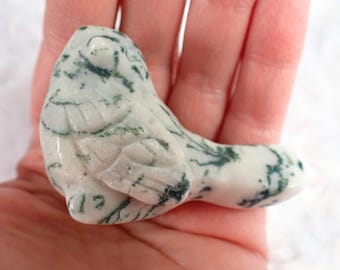 Chubby Moss Agate Crystal Bird Carving - Small White Green Bird Figurine - 2.5 Inch Crystal Bird - Standing Natural Moss Agate #ANMLS#1256
