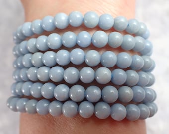 One Natural Angelite Crystal Bead Bracelet - 6mm Smooth Round Beads - Light Blue Opaque Natural Angelite Crystal Beaded Bracelet #JEWEL#1225