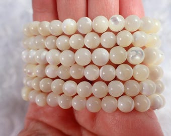Pretty Bright White Pearl Shell Bracelet - 6mm Round Beads - Shiny White Pearl Shell Beaded Bracelet - Smooth White Stackable #BRCLT#1217