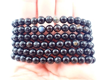 One Black Onyx Crystal Bead Bracelet - Small 6mm Smooth Round Beads - Shiny Black Onyx Crystal Bracelet - Banded Shiny Beads - #BRCLT#1167