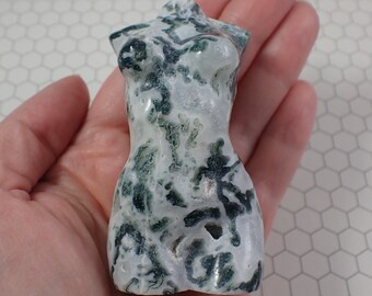 1 Piece Natural Moss Agate Crystal Carving - Woman Body White Green - Druzy Pockets Female Body Carving - Agate Crystal Body #BDIES#1003