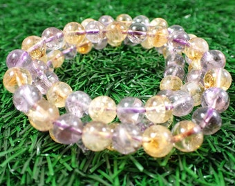 One Amethyst Citrine Crystal Bracelet - 8mm Smooth Round Beads - Rainbow Flash Purple Yellow Translucent - Crystal Bead Bracelet #BRCLT#1123