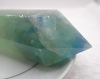 Beautiful Natural Green Fluorite Crystal Wand - Banded Green Purple Fluorite Wand - Faceted Sharp Point - 4.25 Inch Large Wand #WANDS#1082