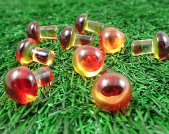 2 Pcs Red Yellow Glass Mushroom - Clear Smooth Mini Shrooms - Shiny Translucent Rounded Mushroom Shaped Figurine - Red Yellow #GLASS#1005