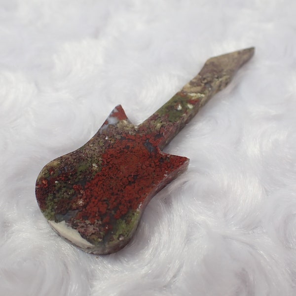 Awesome Moss Agate Crystal Guitar - Red Green White Guitar Carving - 3 Inches Flat Smooth Polished - Moss Agate Guitar Crystal #CRVNG#2191