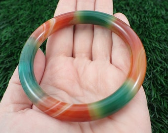 59.3mm Bright Agate Crystal Bangle Bracelet - Orange Green Banded Crystal Bracelet - Round Inside Dyed - Smooth Agate Bangle #JEWEL#1122