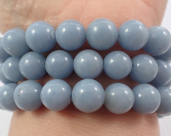 One Natural Angelite Crystal Bead Bracelet - 10mm Smooth Round Beads - Blue Opaque Natural Angelite Crystal Beaded Bracelet - #BRCLT#1062