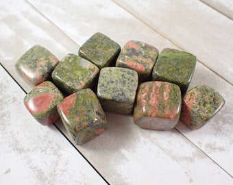 2 Pcs Natural Unakite Crystal Cubes - Green Pink White Smooth Crystal - Green Pink Unakite Cubes - .75-1 Inch Unakite Crystal #CUBES#1006