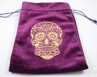 1 Piece Purple Fabric Crystal Pouch - Gold Sugar Skull Bag - Purple Velvet Gold Print Tarot Card Bag - 7x5 Inch Single Sided #POUCH#1022