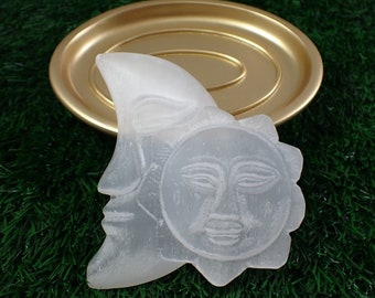 Selenite Sun Moon Face Crystal - Large White Natural Selenite - Opaque Satin Moon Sun Face - White Selenite Crystal Carving Moon #CRVNG#1235