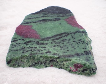 Lovely Natural Ruby in Zoisite Crystal Slab - Raw Edge Smooth Polished - Purple Green Black White Sparkly - 5.5 Inch Smooth Slab #SLABS#1071