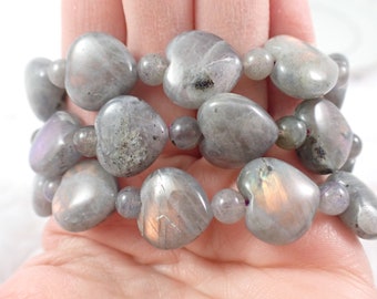Pretty Purple Flash Labradorite Heart Crystal Bracelet - 14mm Smooth Heart Beads - Gray Purple Orange Natural Labradorite Beads #BRCLT#1153