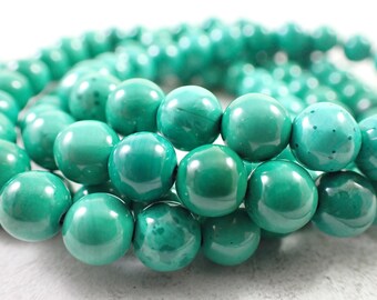 One Turquoise Crystal Bead Bracelet - 6mm Smooth Round Beads - Turquoise Green Opaque - Natural Turquoise Beaded Bracelet - #BRCLT#1045