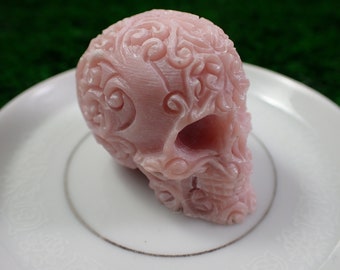 Small Pink Opal Crystal Skull Carving - Pink Swirly Human Skull - Natural Pink Opal - Scroll Swirls Pink Crystal Carving Skull #SKULL#1005