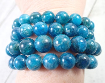 One Blue Apatite Crystal Bead Bracelet - 10mm Smooth Round Beads - Shiny Opaque Blue - Natural Blue Apatite Beaded Bracelet - #BRCLT#1033