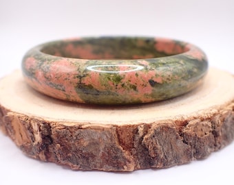 62.0mm Unakite Crystal Bangle Bracelet - Smooth Polished Bangle - Natural Green Pink Unakite Crystal Bracelet - Thick No Chips #JEWEL#1700