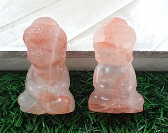 Cute Natural Fire Quartz Crystal Buddha Carving - Red White Part Translucent Fire Quartz - Buddha Body Figurine 2.5 Inch Crystal #RELGS#1017