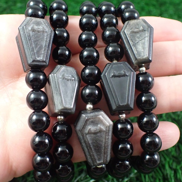 Silver Obsidian Crystal Coffin Bead Bracelet - 8mm Smooth Round Beads - Shiny Black Obsidian Crystal Bracelet - Silver Coffin #JEWEL#1039