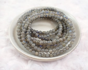 One Gray Labradorite Blue Flash Crystal Bracelet - 4mm Small Smooth Round Beads - Natural Labradorite Beaded Stacking Bracelet #BRCLT#1158