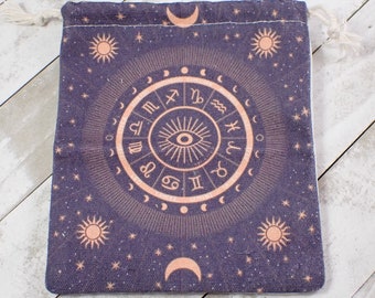 Pretty Linen Fabric Crystal Pouch - Navy Blue Yellow White - Zodiac Tarot Card Bag - 6.5x5.25 Inches Sun Moon Evil Eye Zodiac #POUCH#1040