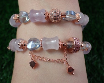 One Rose Quartz Crystal Bead Bracelet - Blue Faceted Heart Beads - Rose Gold Metal Chains - Natural Crystal Beaded Bracelet #JEWEL#1026