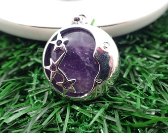 1 Piece Amethyst Moon Stars Crystal Pendant - Silver Wrapped Moon Stars - Round Crystal Cab Pendant - 23mm Purple Amethyst Stars #PNDNT#1039