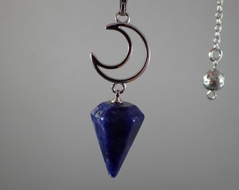 1 Piece Sodalite Crystal Moon Pendulum - Faceted Pointy Sodalite Crystal - Silver Metal Moon - 9.5 Inches Silver Chain Pendulum #PNDLM#1003
