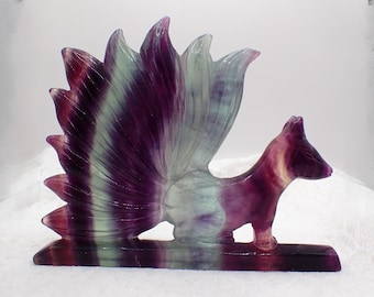 Fluorite Nine-Tail Fox Crystal Carving - Purple Green Banded - Natural Fluorite Crystals - 4.75 Inch Fluorite Fox #ANMLS#1264
