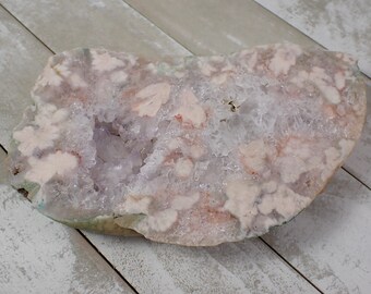 Druzy Pink Amethyst Flower Agate Crystal Slab - Pink Green Thick Rough Edge Crystal - Double Sided 5.75 Inch Polished Agate Slab #SLABS#1001