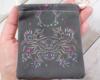 1 Piece Astrology Linen Fabric Crystal Pouch - Black Pink Green Yellow - Crab Zodiac Crystal Bag - 4.25x3.5 Inch Bag Crystals #POUCH#1039