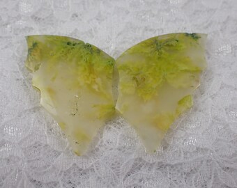 Gorgeous Sparkly 2 Piece Butterfly Cabochon - Yellow Green Partially Translucent - 2.75 Inch Butterfly Dyed Moss Agate - Yellow #CBCHN#1076