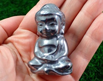 Small Terahertz Crystal Buddha Carving - Gunmetal Metallic Silver - Smooth Buddha Body Carving - 2 Inch Dark Crystal Buddha #RELGS#1016