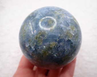 1 Piece Natural Blue Calcite With Peridot Crystal Sphere - Shiny Polished Blue Green Ball - 2.75 Inch Smooth Finish Sphere #SPHER#1119