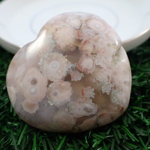 Pretty Natural Flower Agate Crystal Heart - Smooth Polished Flat Heart Carving - Pink Purple Flower Agate Crystal - 1.75 Inches#HEART#1085