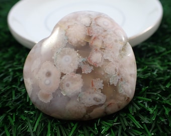 Pretty Natural Flower Agate Crystal Heart - Smooth Polished Flat Heart Carving - Pink Purple Flower Agate Crystal - 1.75 Inches#HEART#1085